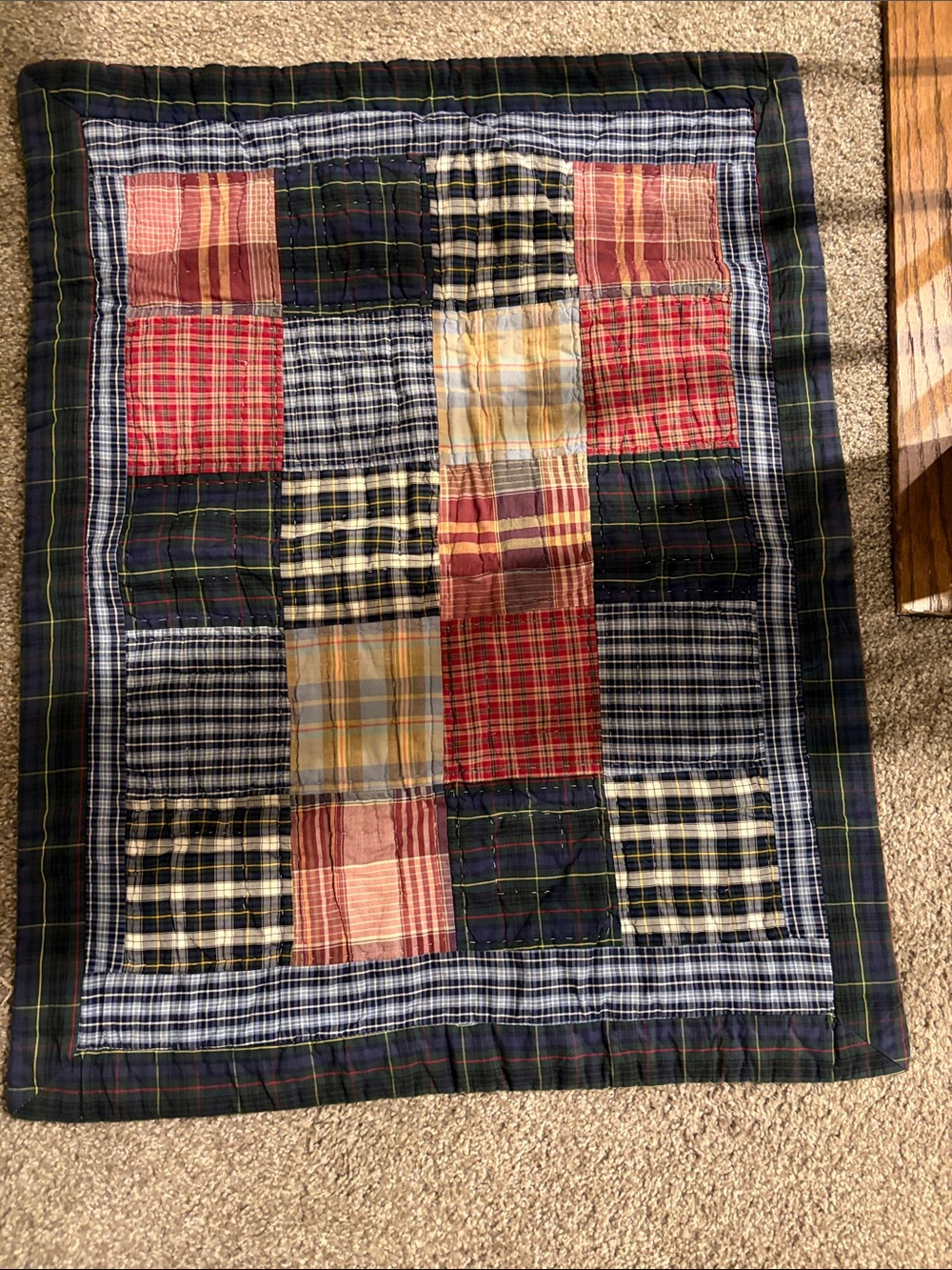 Handmade Plaid Patchwork Throw Blanket in Red, Blue, and Tan